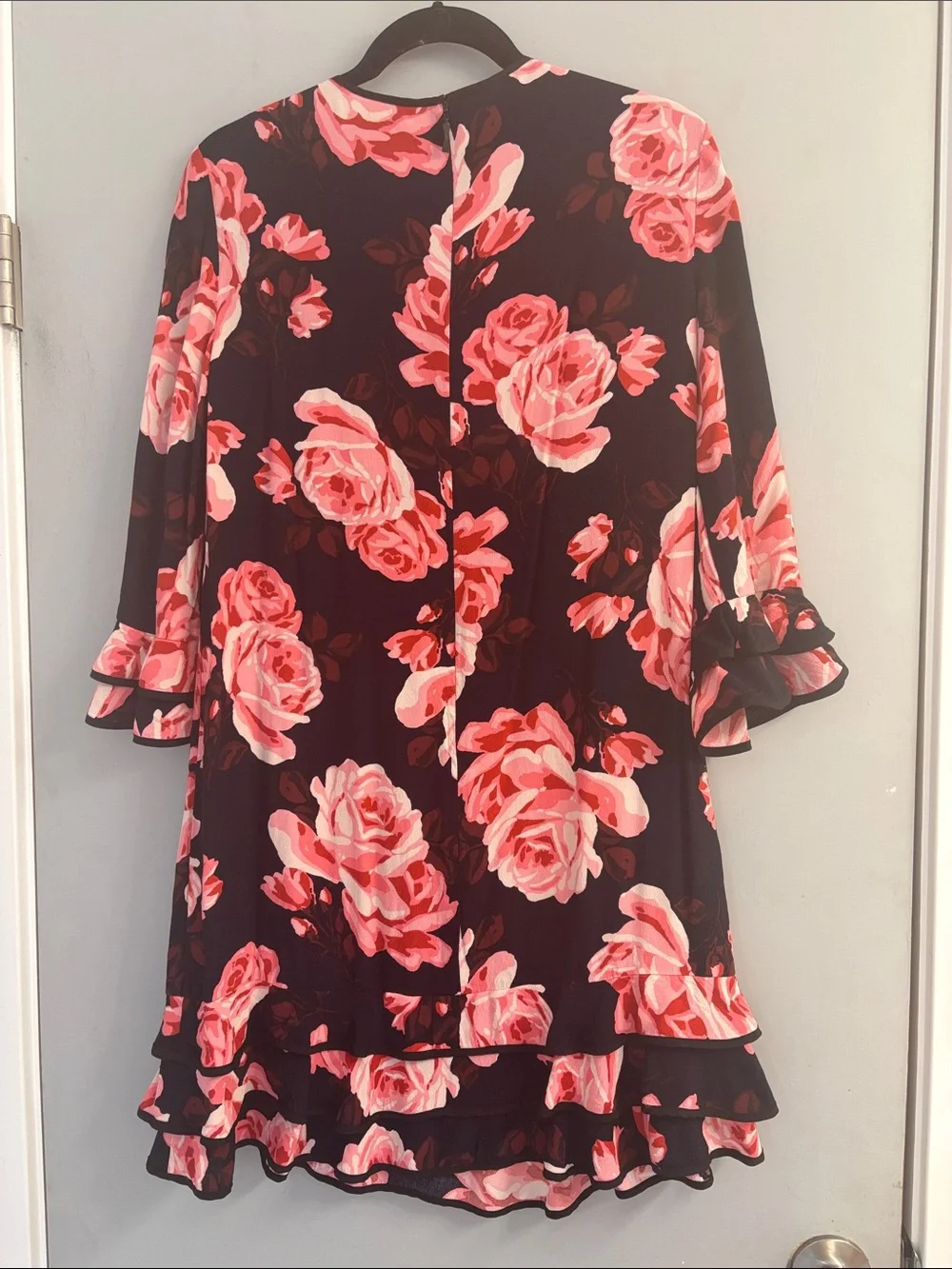 kate spade floral dress in black with pink and red blooms
